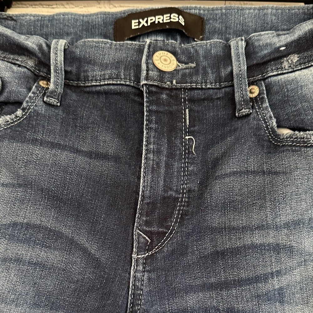 Express Women's Blue Distressed Jeweled Skinny Jeans - Picture 2 of 10
